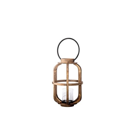 URBAN TRENDS COLLECTION Wood Round Lantern with Metal Top Ring Handle Candle Glass Holder  Window Pane Body Brown 12108